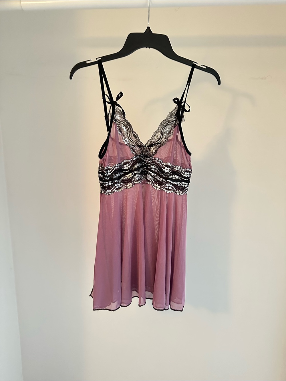 Sheer Lace-Trim Chemise in Purple with Black Accents